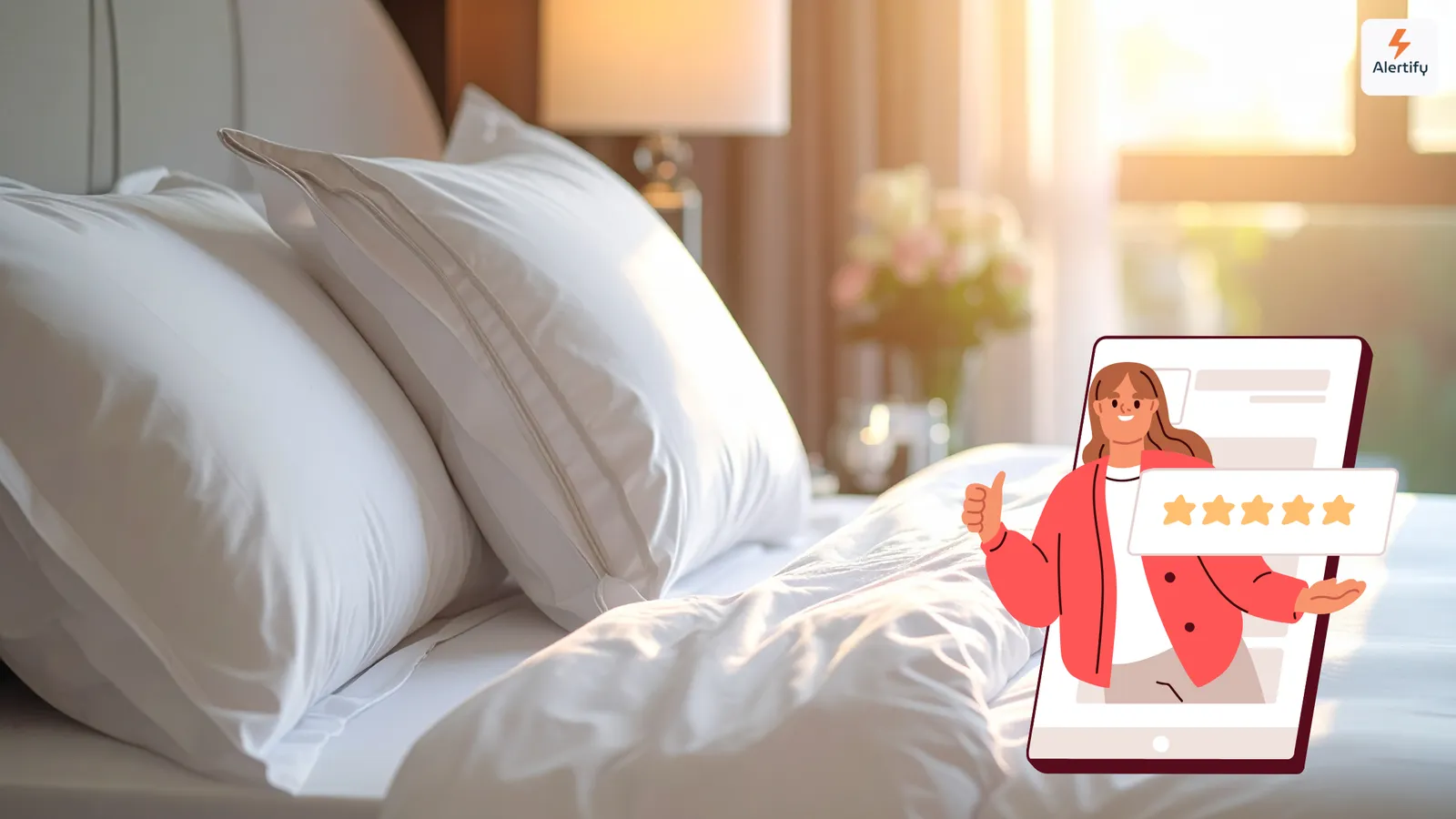 Een opgemaakt bed met knapperige witte kussens in een zonovergoten slaapkamer van een vakantiewoning, naast een geïllustreerde gast met een vijfsterrenrecensie op een telefoon.