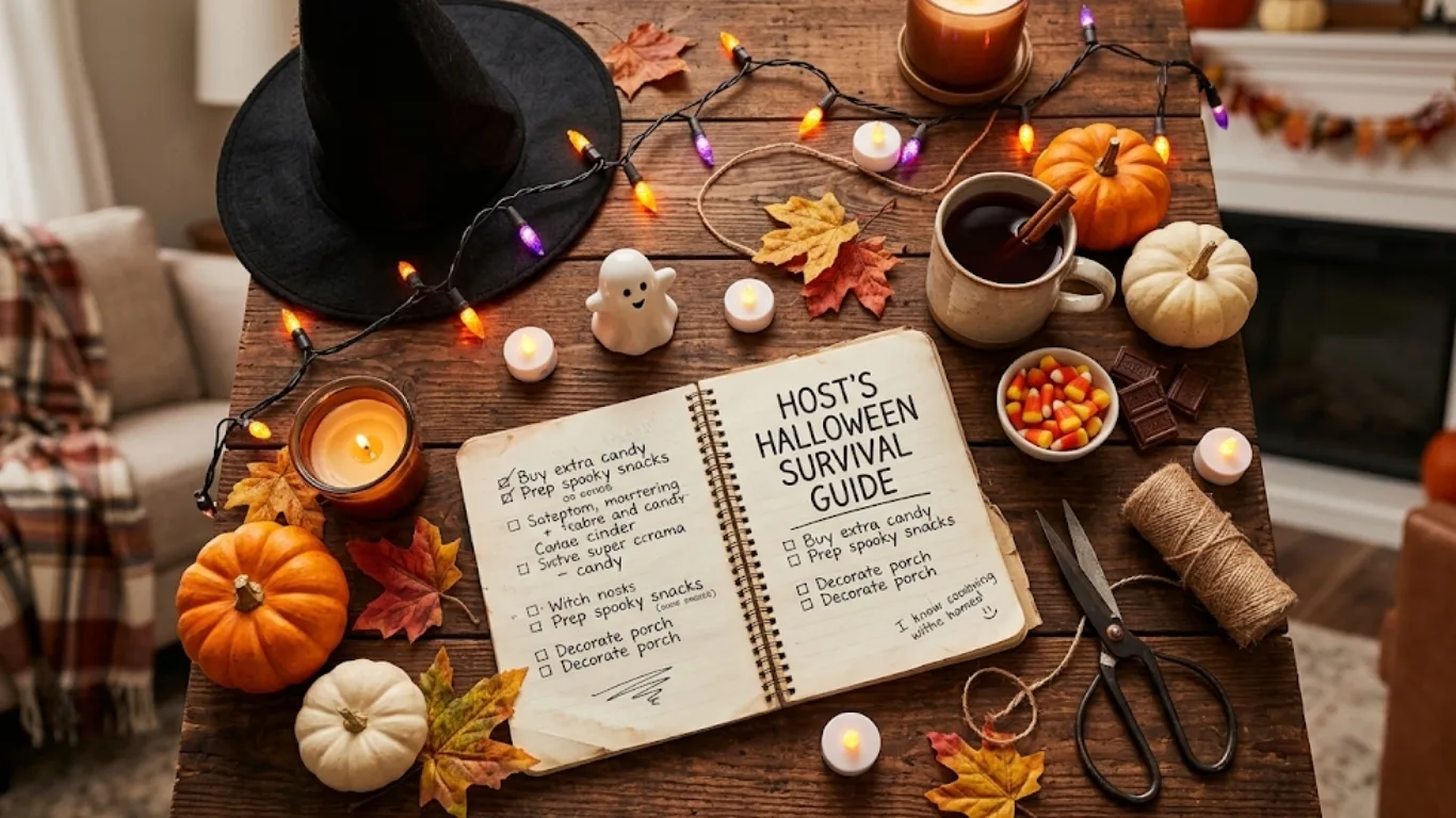 De Halloween-overlevingschecklist van een host in een notitieboek op een houten tafel, omringd door pompoenen, kaarsen, lichtsnoeren en een heksenhoed