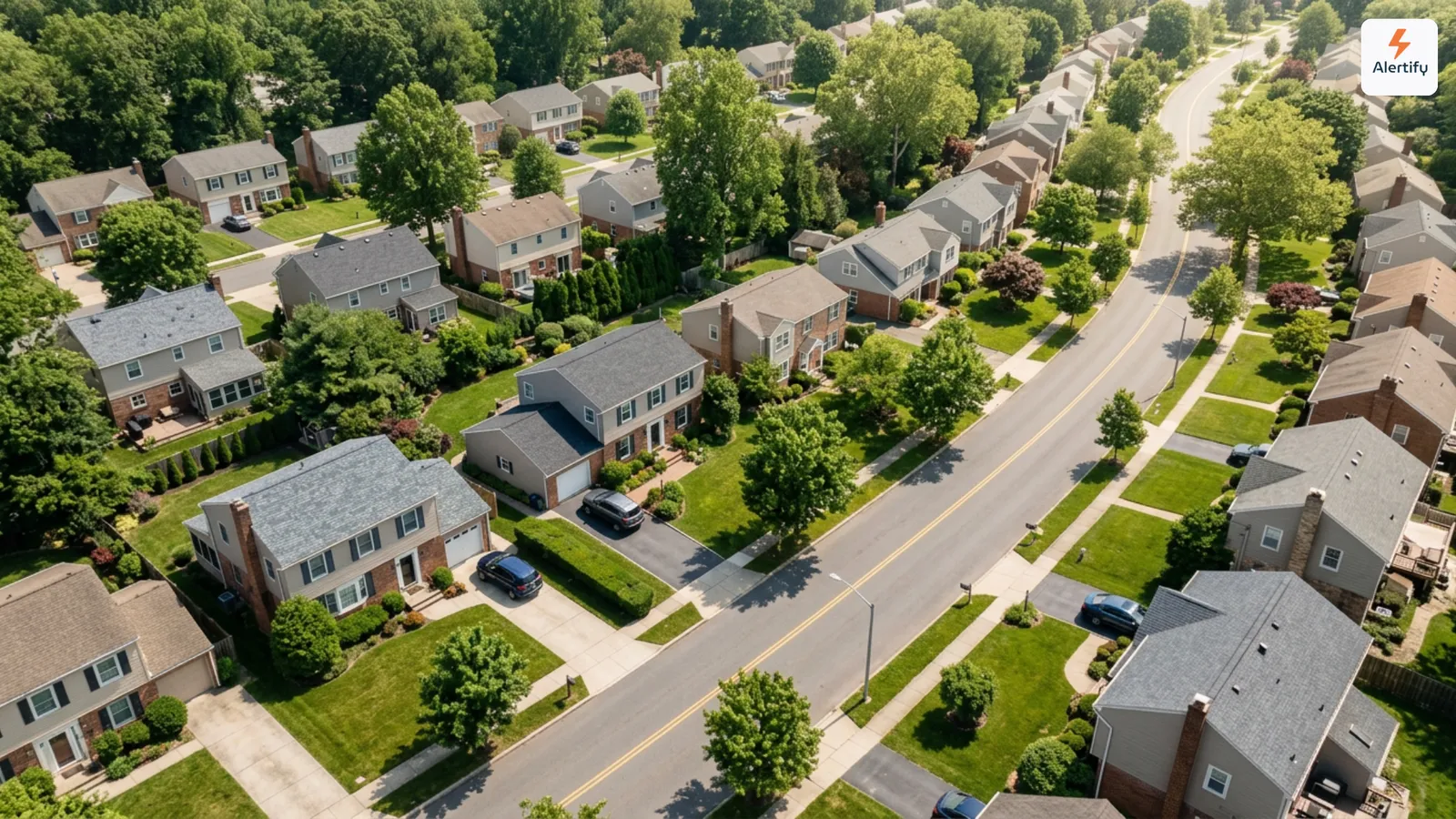 Luchtfoto van een lommerrijke woonstraat met eengezinswoningen