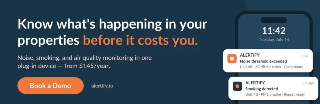 Alertify-banner met de tekst Know what is happening in your properties before it costs you, naast een telefoon met geluids- en rookmeldingen.