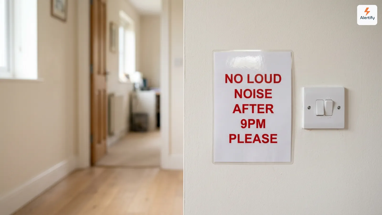 Bordje aan een gangmuur met de tekst: No loud noise after 9pm please