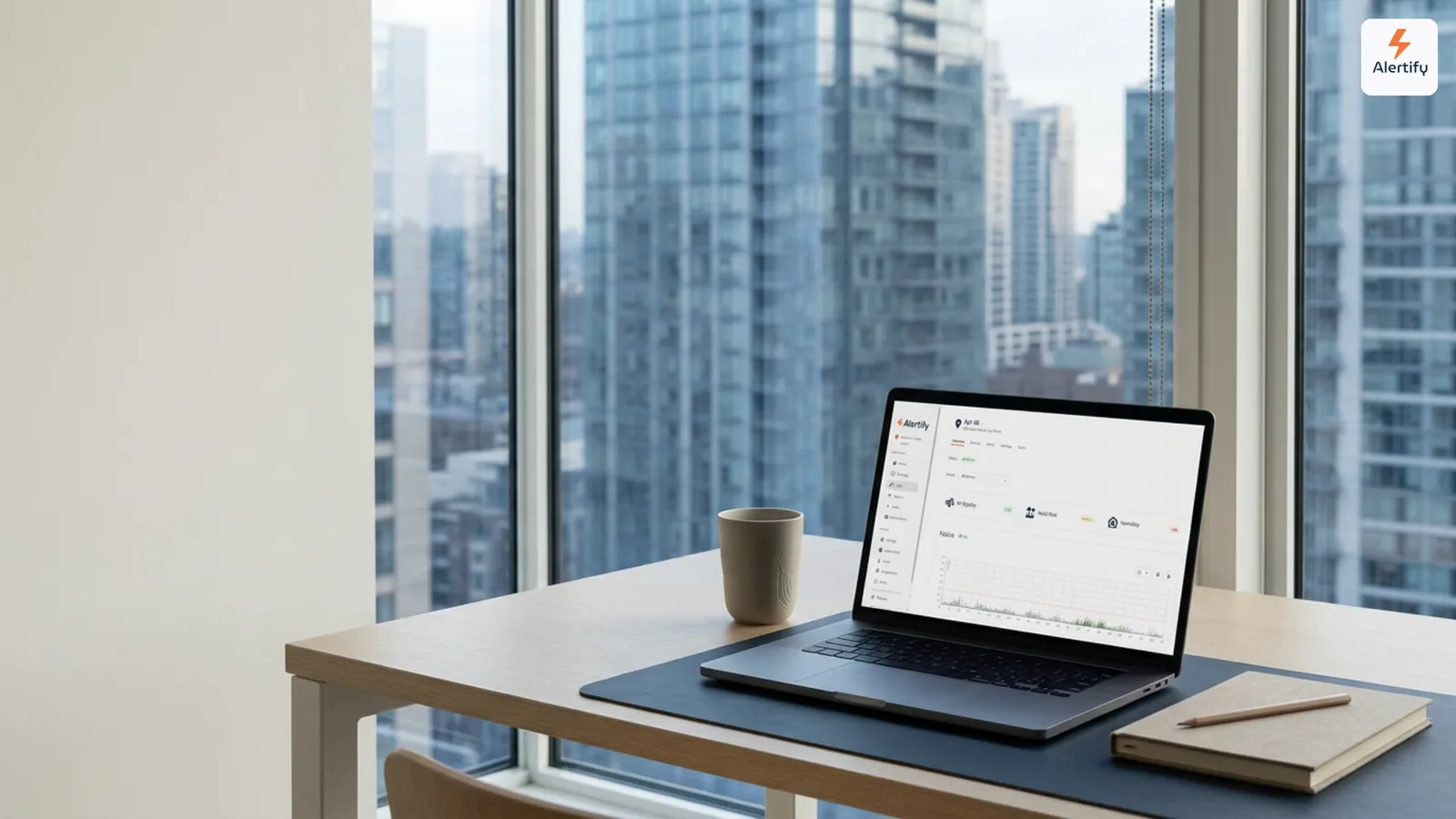 Laptop met een dashboard voor woningmonitoring op een bureau bij een raam met uitzicht op torens in de stad