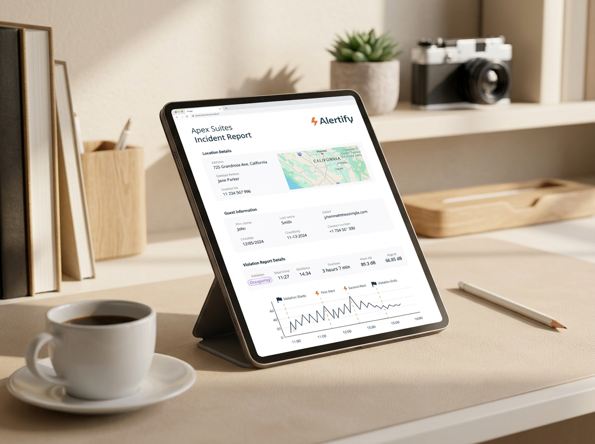 Voorbeeld van een Alertify-incidentrapport — een ondertekende pdf met tijdstempel die een geluidsvoorval documenteert met sensordata en het afhandelingsspoor
