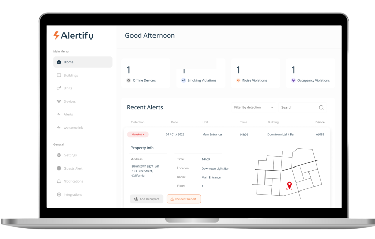 Alertify-dashboard met een recente schotmelding, pandinformatie en een kaart die precies aanwijst waar het schot vandaan kwam