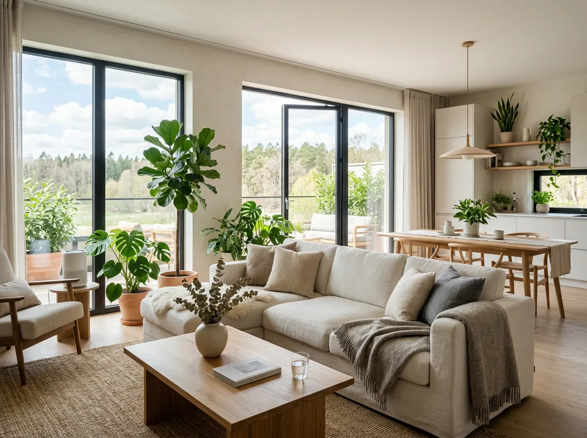 Een lichte, rustige woonkamer in een moderne huurwoning