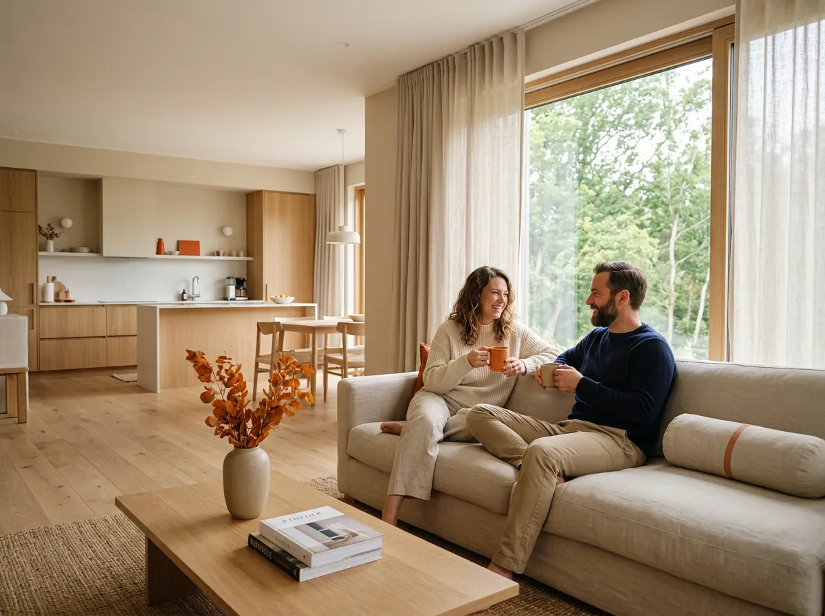Twee gasten ontspannen met koffie op de bank in een lichte, rustige vakantiewoning